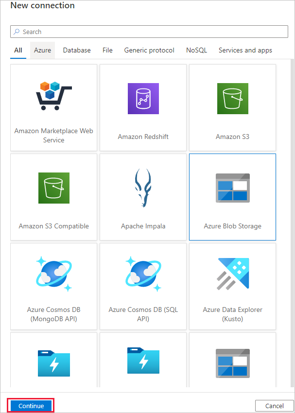 Screenshot des Katalogs von Diensttypen im Dialogfeld für eine neue Verbindung, wobei Azure Blob Storage ausgewählt ist.