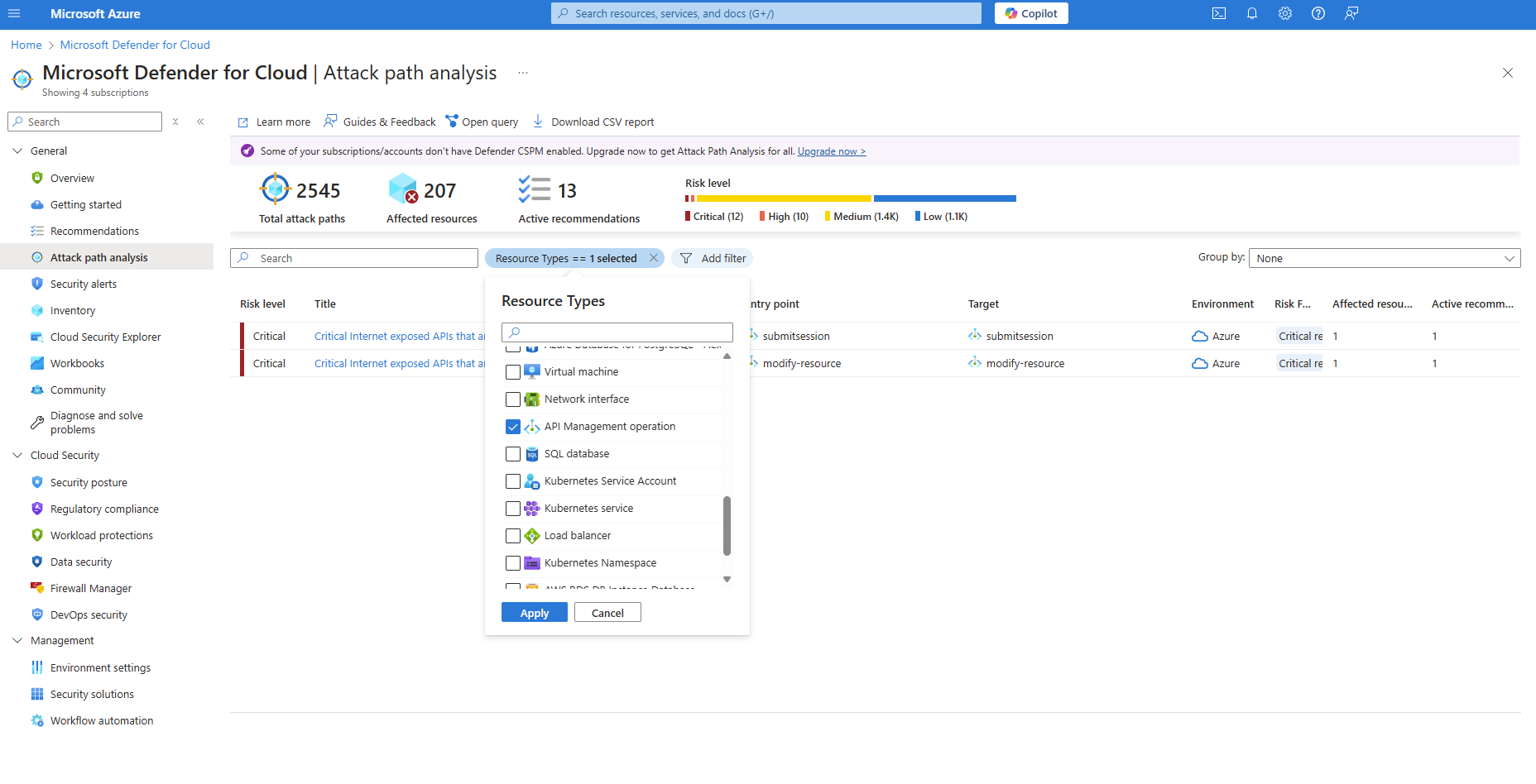 Screenshot der Analyse des Angriffspfads, gefiltert nach API-Verwaltungsvorgang.