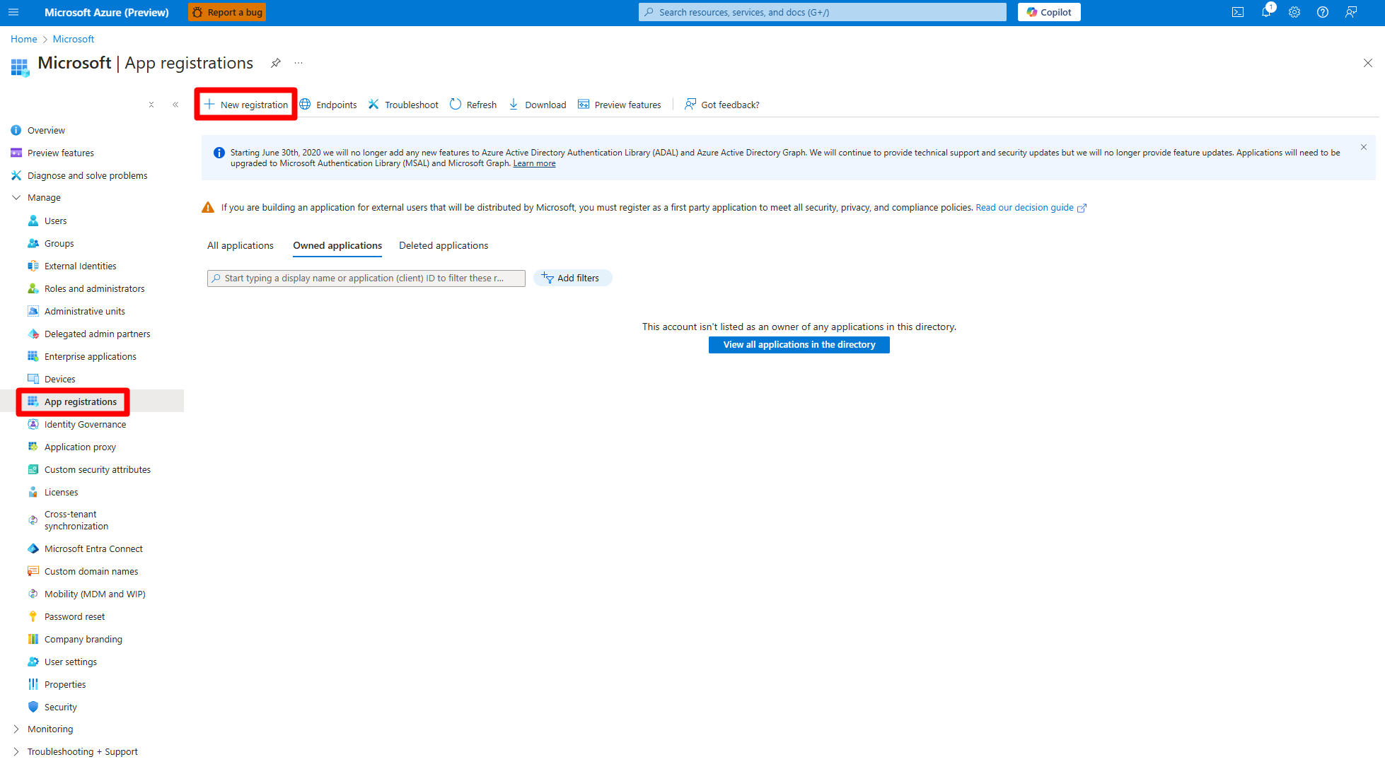 Screenshot: Navigieren zur Schaltfläche „App-Registrierung“
