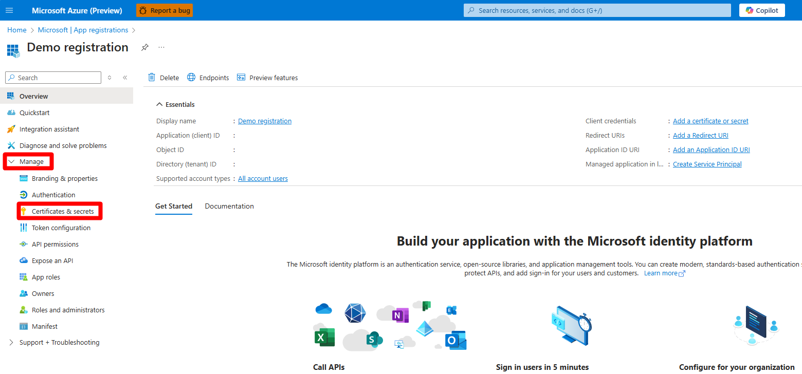 Screenshot: Navigieren zum Bildschirm „Zertifikate und Geheimnisse“