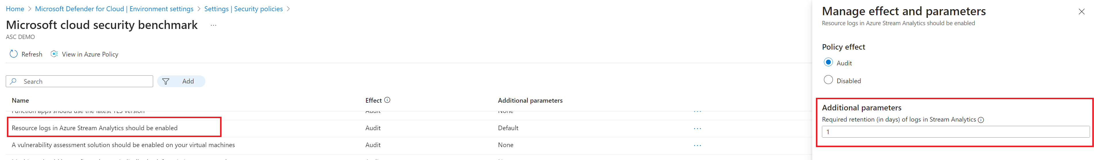 Screenshot: Konfigurieren zusätzlicher Parameter im Bildschirm „Auswirkung und Parameter verwalten“.