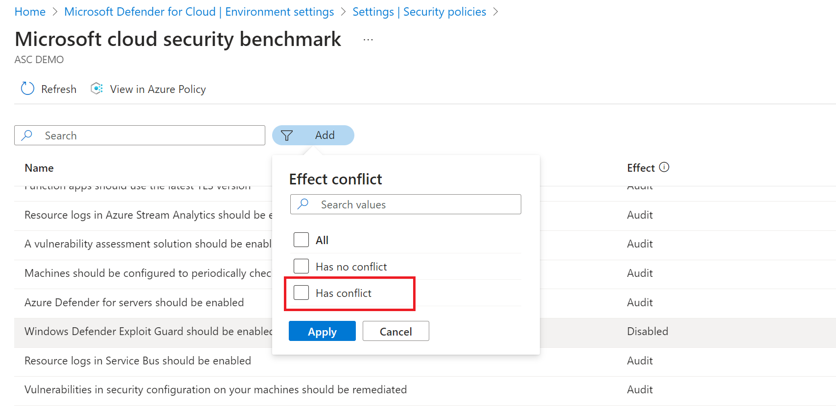 Screenshot, der zeigt, wie die Zuweisung von Standards mit unterschiedlichen Werten verwaltet wird.