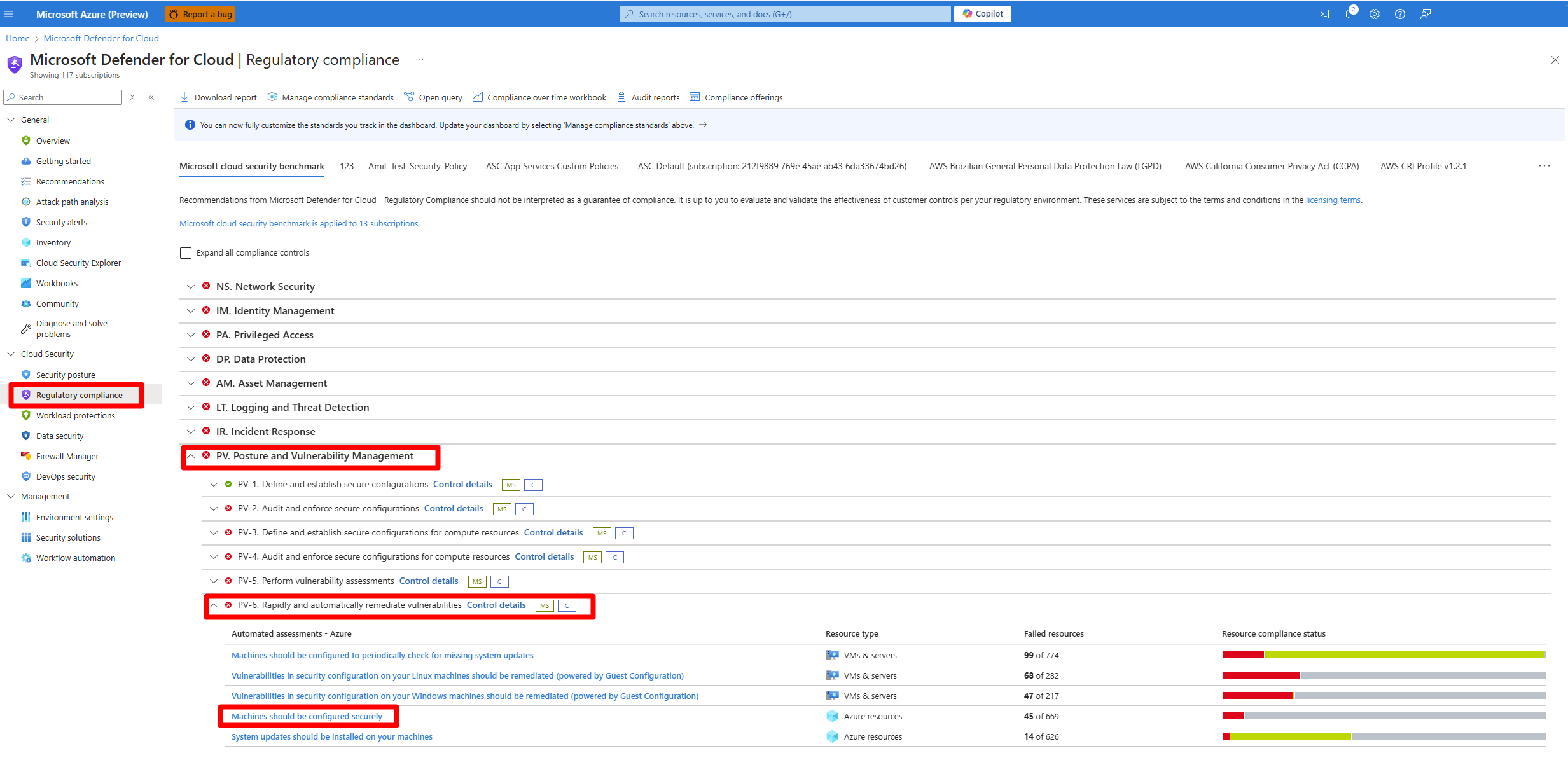 Screenshot: Dashboards zur Einhaltung gesetzlicher Vorschriften mit einer hervorgehobenen MMA-Empfehlung
