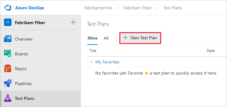Screenshot zum Erstellen eines neuen Testplans für Azure DevOps Server 2020 und Azure DevOps Services.