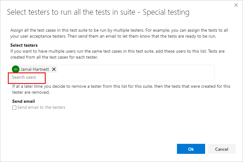 Screenshot mit der Option zum Suchen nach Benutzern mit zwei bereits ausgewählten Benutzern.