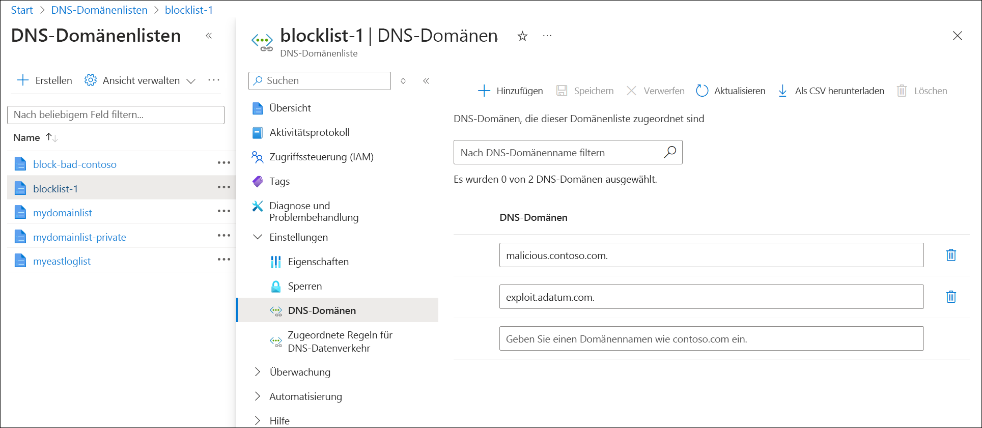 Screenshot der Domänen in einer Domänenliste