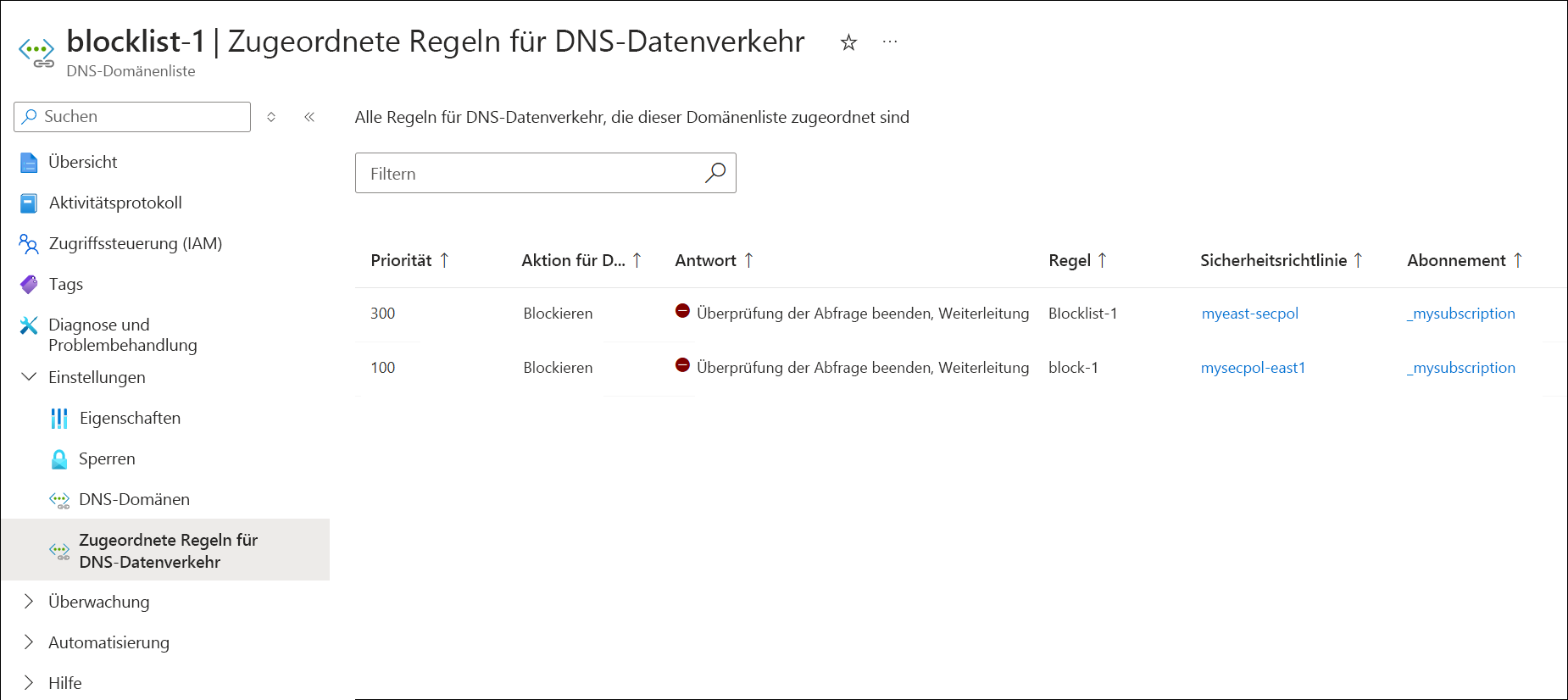 Screenshot der zugeordneten Datenverkehrsregeln für Domänenlisten