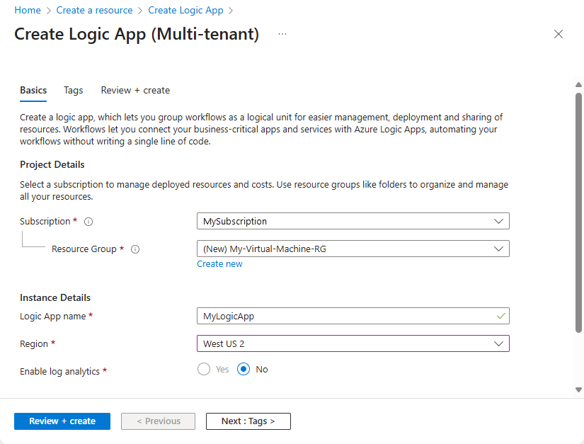 Screenshot: Menü zum Erstellen von Logik-Apps, das Details wie Name, Abonnement, Ressourcengruppe und Standort zeigt