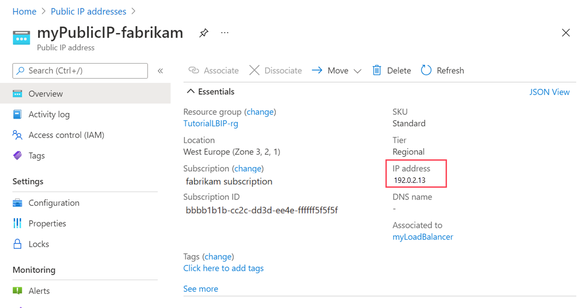 Screenshot der öffentlichen IP-Adresse von „myPublicIP-contoso“.
