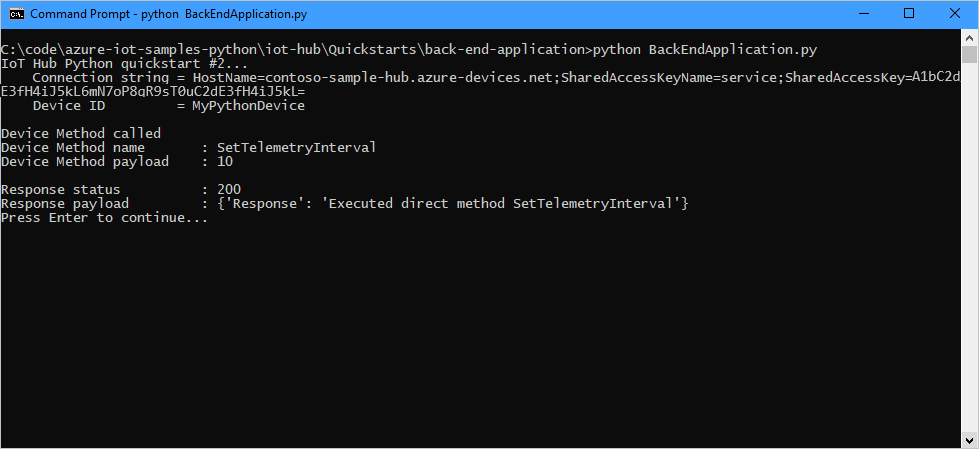 Screenshot eines Terminalfensters, das das Ergebnis des direkten Methodenaufrufs aus der Dienstanwendung zeigt.