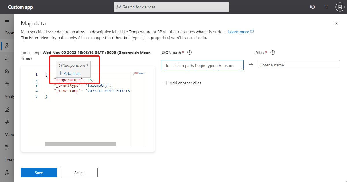 Screenshot, der die Option **Alias hinzufügen** in der Ansicht **Rohdaten** zeigt.