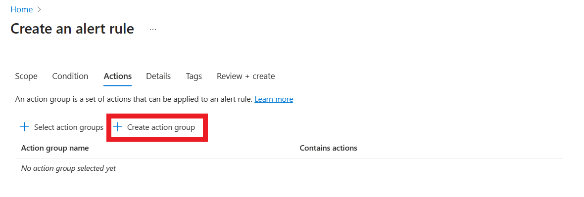 Screenshot, der zeigt, wie Sie aktionsgruppe erstellen.
