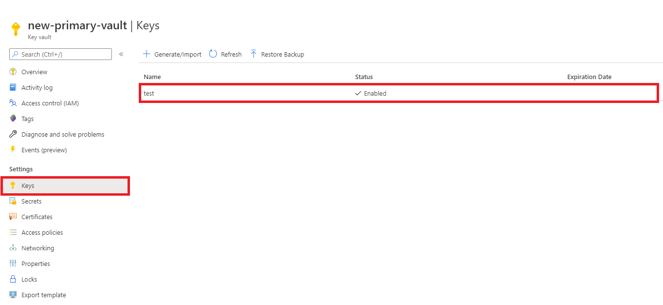 Screenshot: Auswählen der Schlüsseleinstellung und eines Objekts in einem Schlüsseltresor.