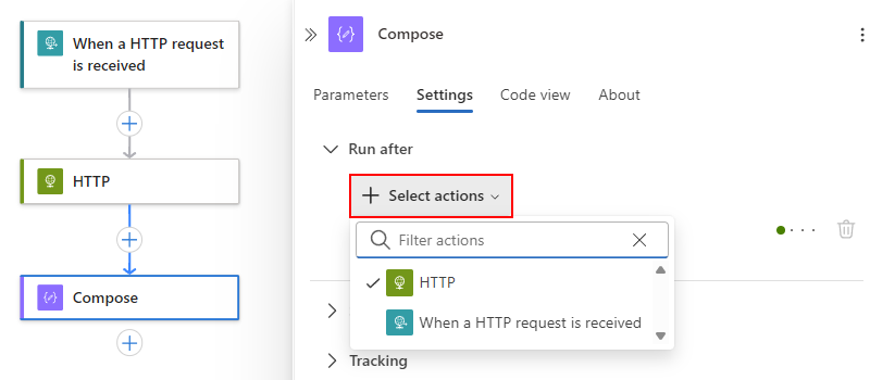 Screenshot zeigt eine Liste zum Auswählen von Aktionen mit Vorgängeroperationen.