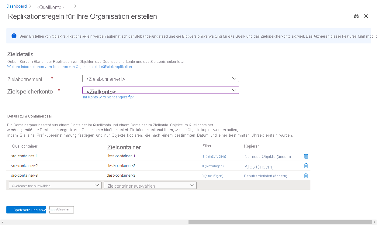 Screenshot mit Replikationsregeln im Azure-Portal
