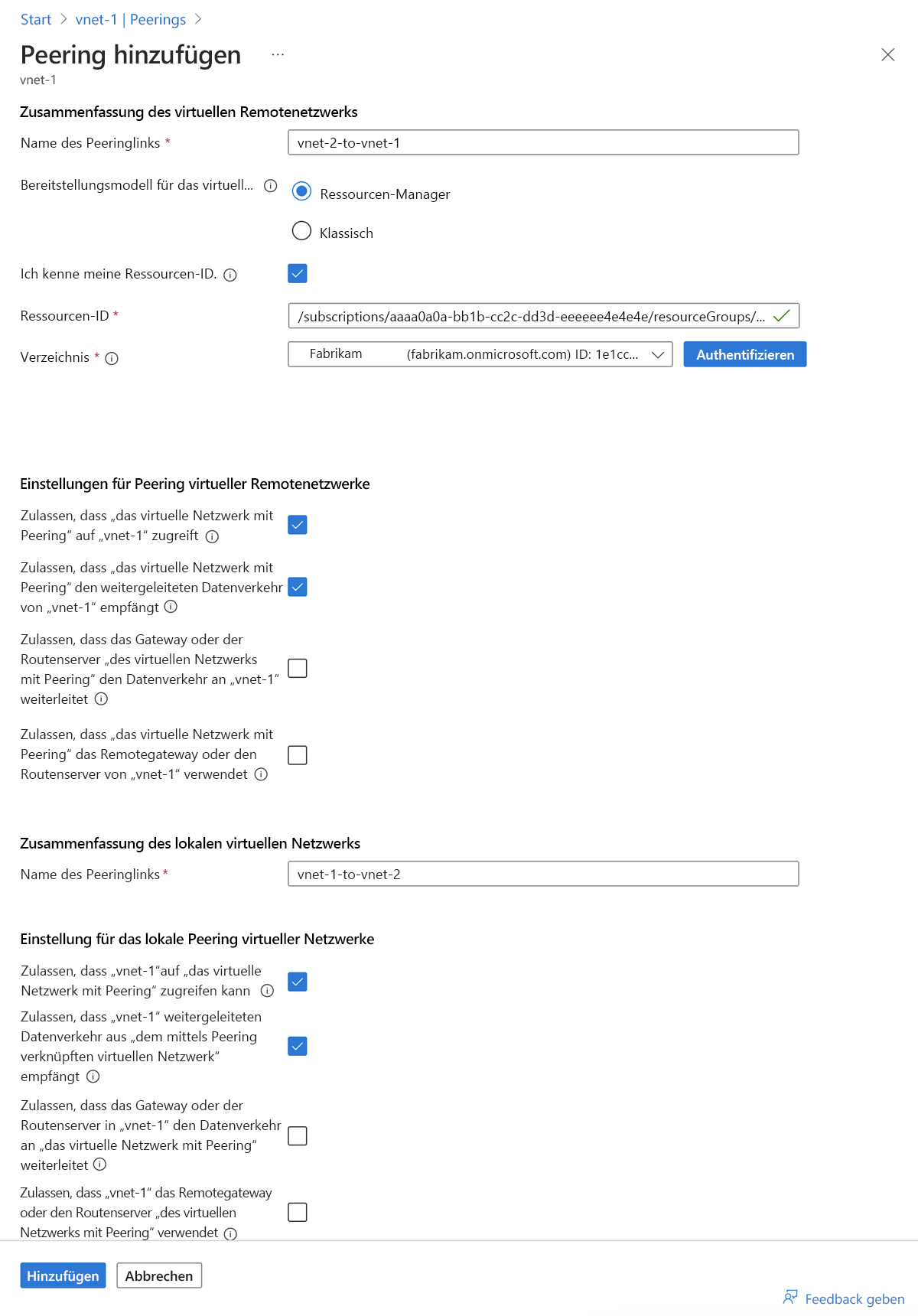 Screenshot: Peering von vnet-1 zu vnet-2