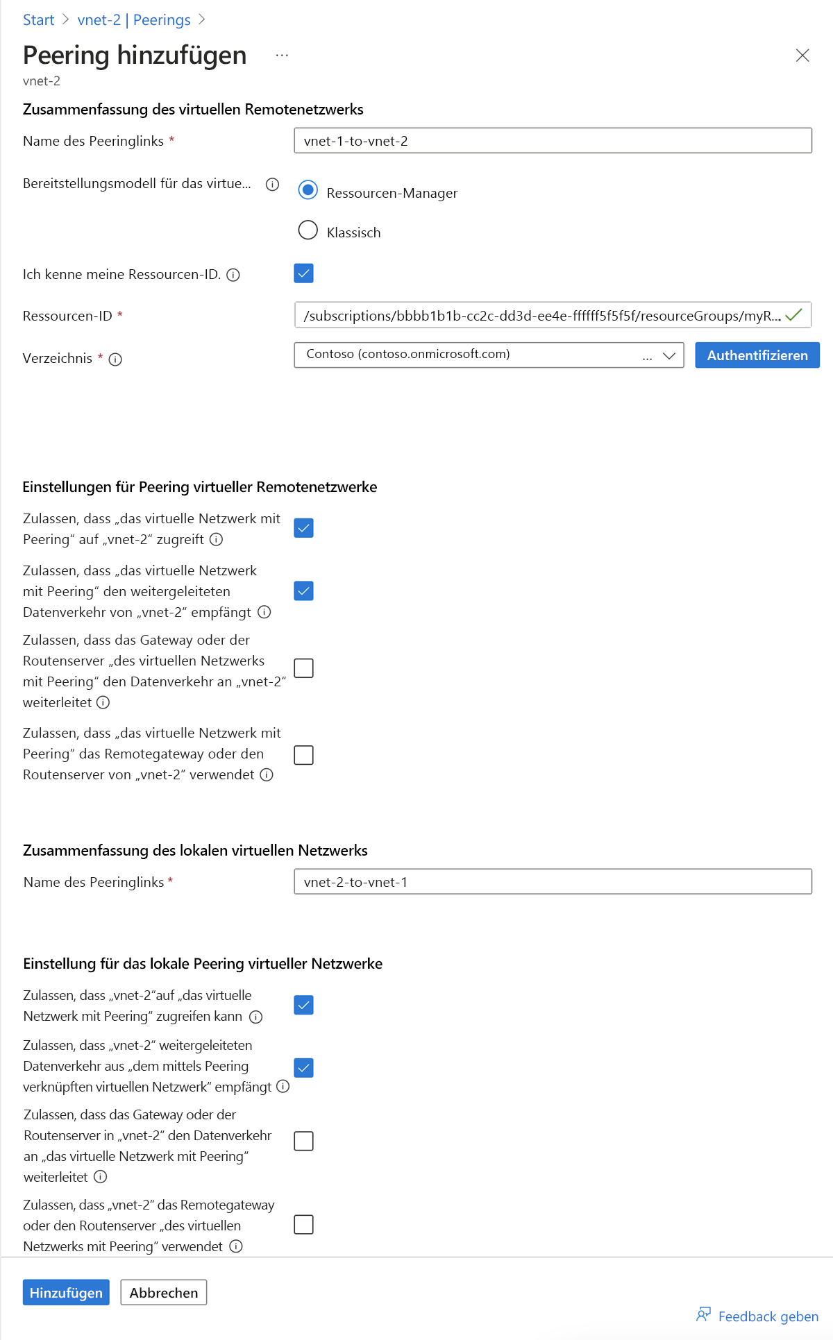 Screenshot: Peering von vnet-2 zu vnet-1