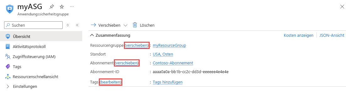 Screenshot der Änderung einer Anwendungssicherheitsgruppe im Azure-Portal.