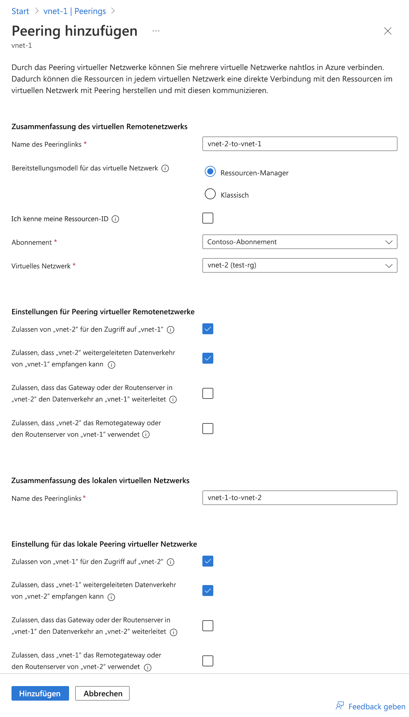 Screenshot des Azure-Portals mit der Konfigurationsseite für virtuelle Netzwerk-Peerings.