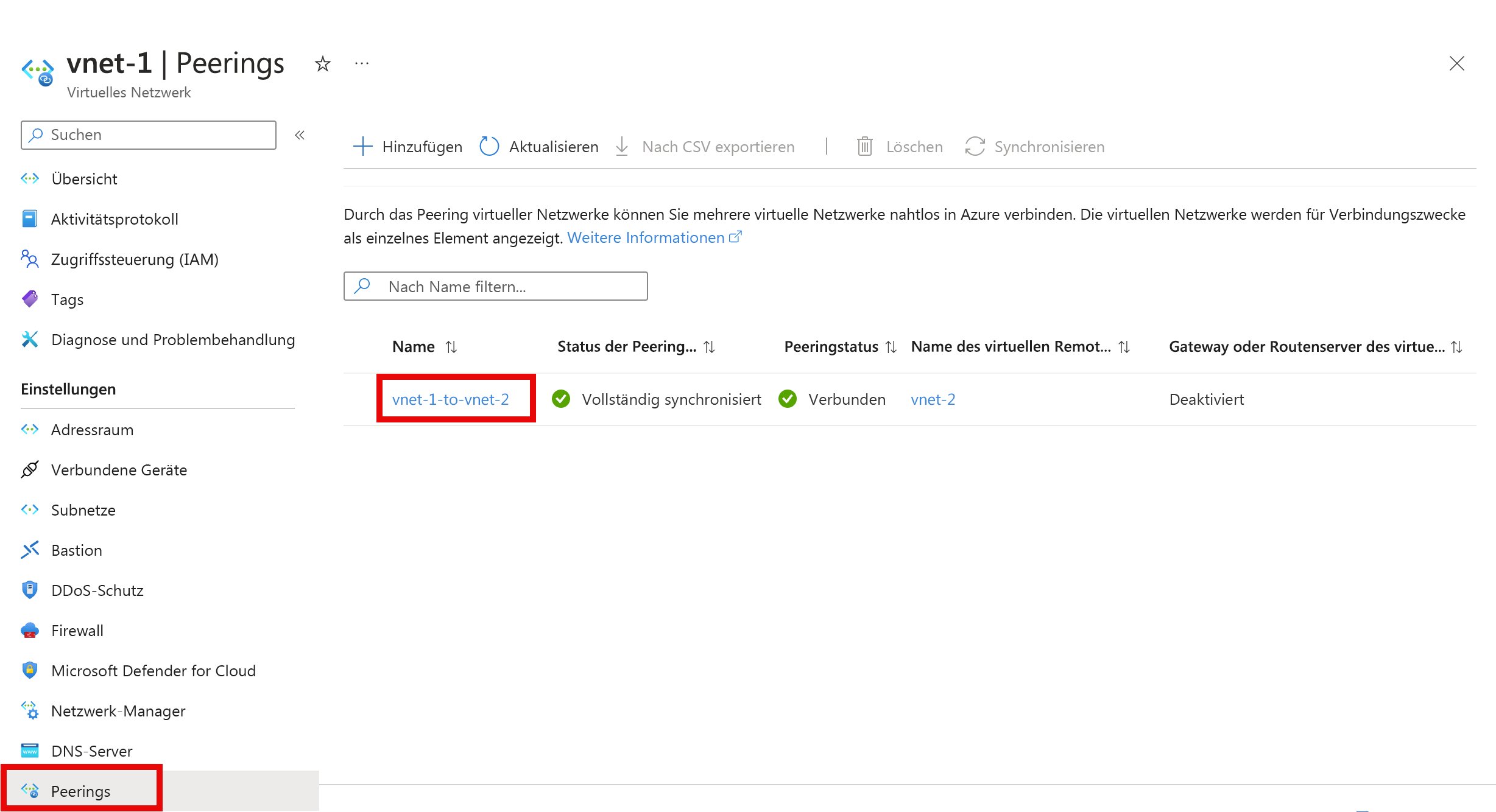 Screenshot: Auswahl eines Peerings des virtuellen Netzwerks zum Ändern der Einstellungen