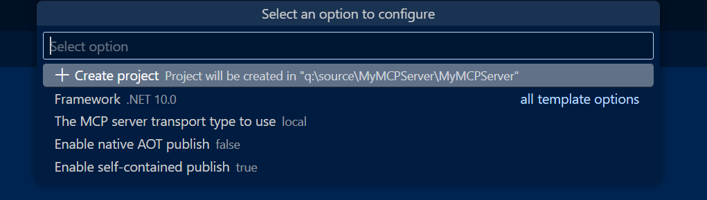 MCP-Servervorlagenoptionen