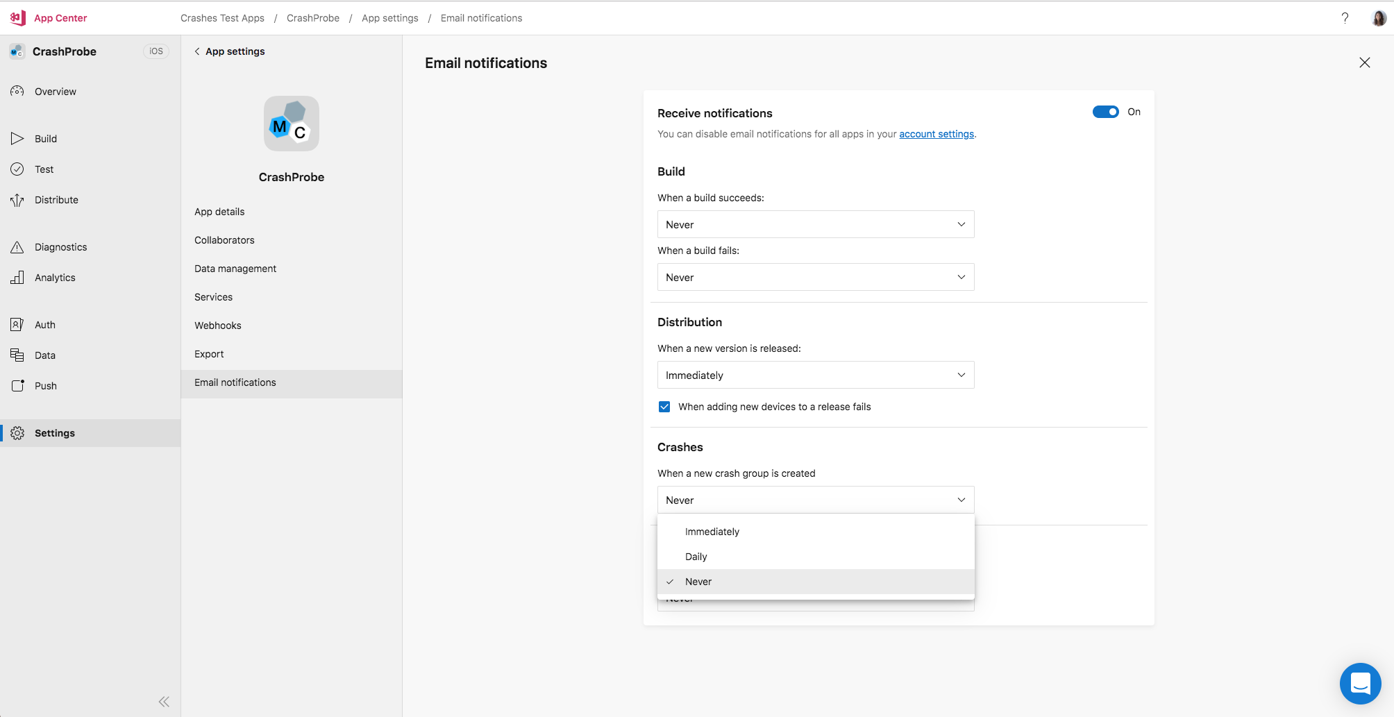 Screenshot-Einstellung: Häufigkeit der Abstürze bei E-Mail-Benachrichtigungen