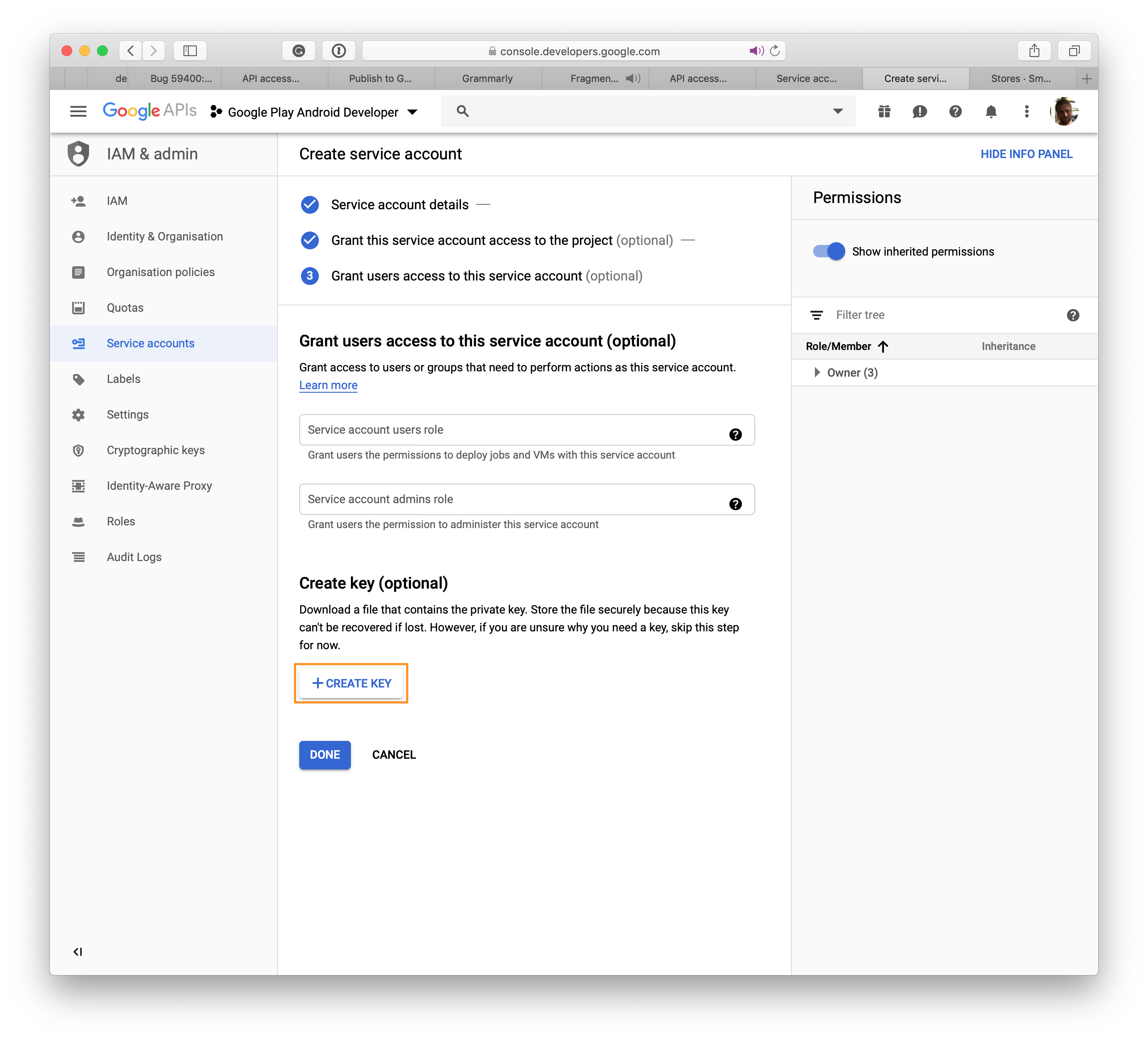 Google Play: Klicken + Schlüssel erstellen, um eine JSON-Datei zu generieren