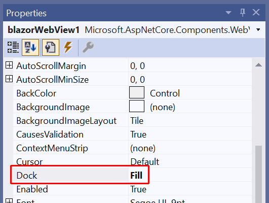 BlazorWebView-Eigenschaften, „Dock“ ist auf „Fill“ festgelegt.