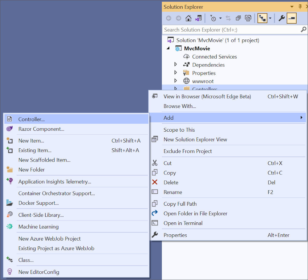 Projektmappen-Explorer, Klicken mit der rechten Maustaste auf Controller > Hinzufügen > Controller