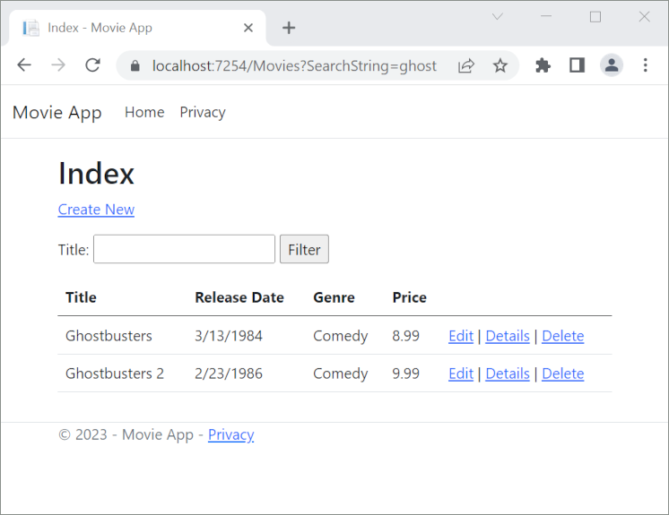 Browserfenster mit „searchString=ghost“ in der URL und den zurückgegebenen Filmen Ghostbusters und Ghostbusters 2, die das Wort „Ghost“ enthalten
