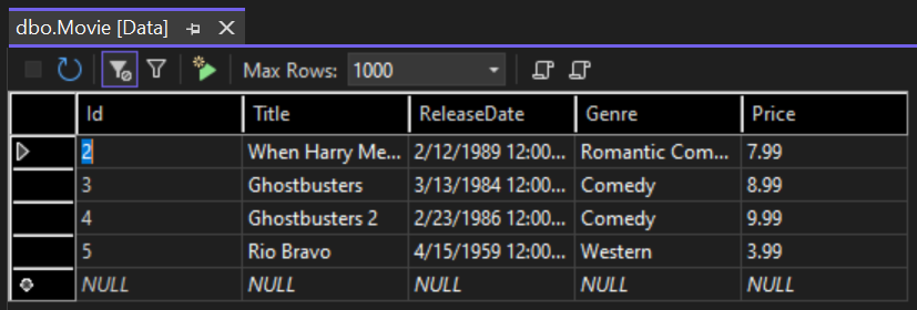 Geöffnete Tabelle „Movie“ mit Tabellendaten