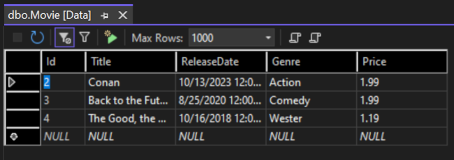 Geöffnete Tabelle „Movie“ mit Tabellendaten