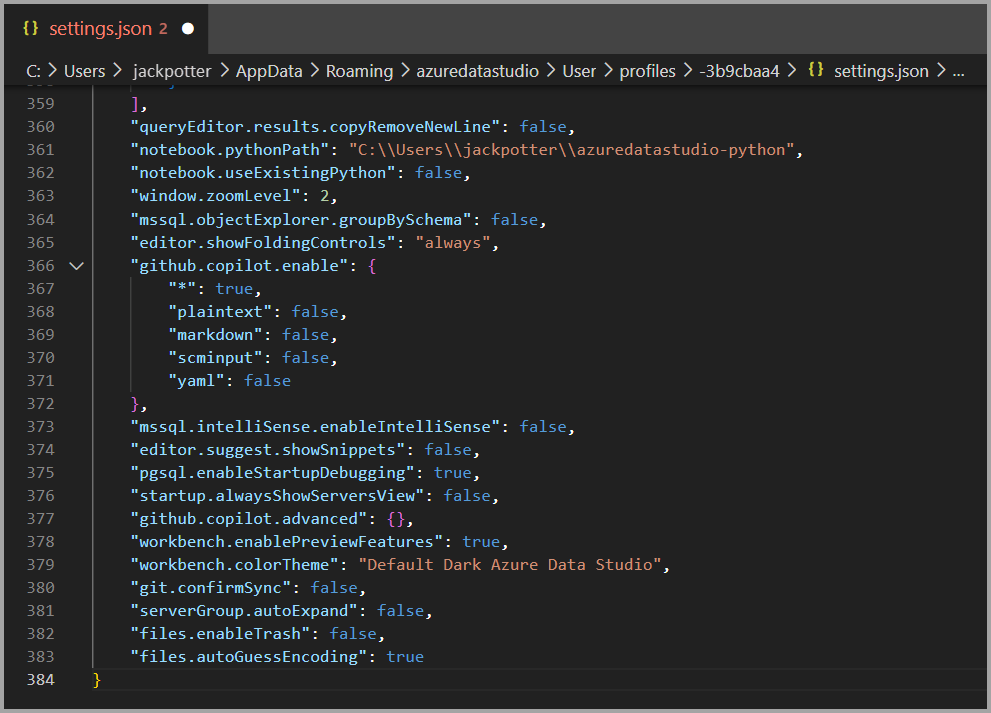Screenshot der json-Einstellungen, die im Fenster des Datei-Editors in Azure Data Studio geöffnet sind.