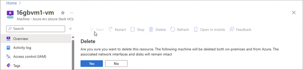 Screenshot der Warnung beim Löschen eines virtuellen Computers.