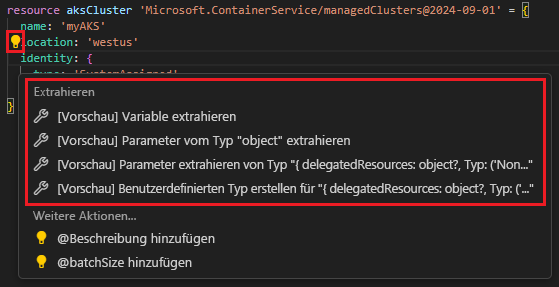 Screenshot der Extraktion von Variablen, Parametern und Typen.