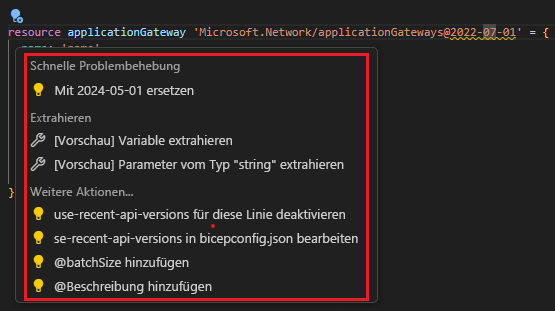 Screenshot von Visual Studio Code Schnellkorrektur-Vorschlägen.