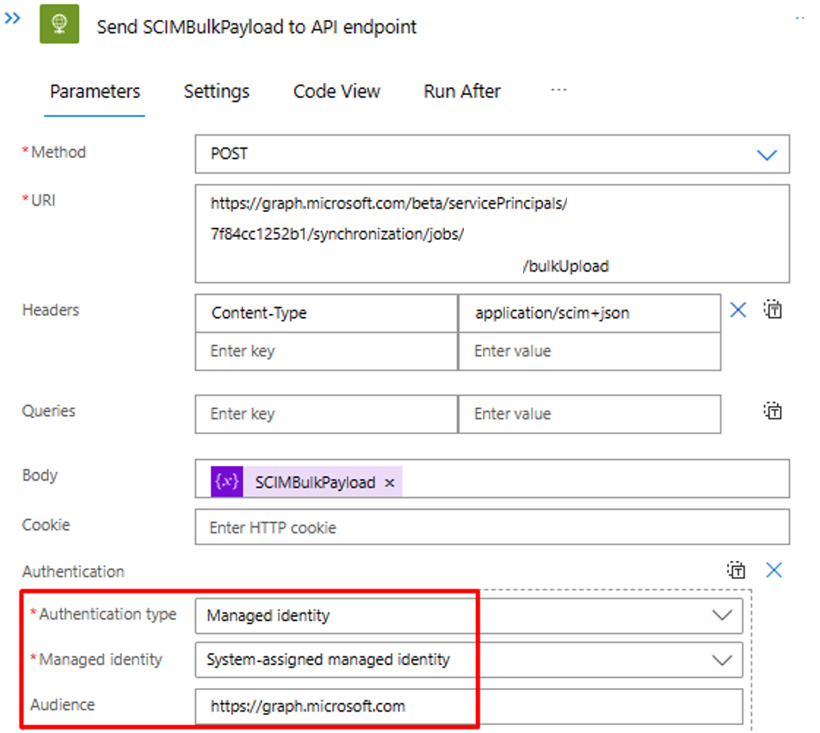 Screenshot of invoking bulk upload API with managed identity.