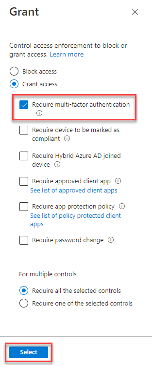 Screenshot der Optionen zum Gewähren des Zugriffs, ´bei denen Sie „Mehrstufige Authentifizierung erforderlich“ auswählen.