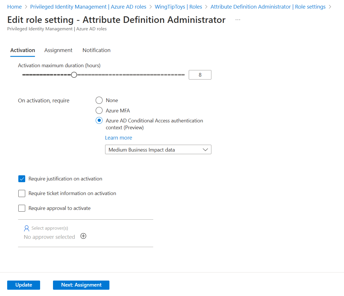 Screenshot der Option „Rolleneinstellung bearbeiten“ auf der Seite „Administrator für Attributdefinitionen“.
