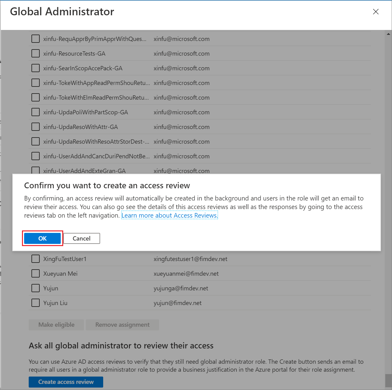 Seite „Globale Administratoren“ mit Zugriffsüberprüfungsabschnitt