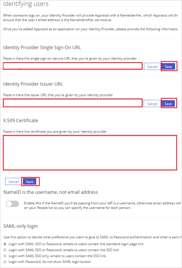 Screenshot shows Identifying users where you can enter values from this step.