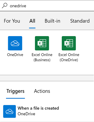 Screenshot des OneDrive-Connectors und der Seite „Triggerauswahl“.