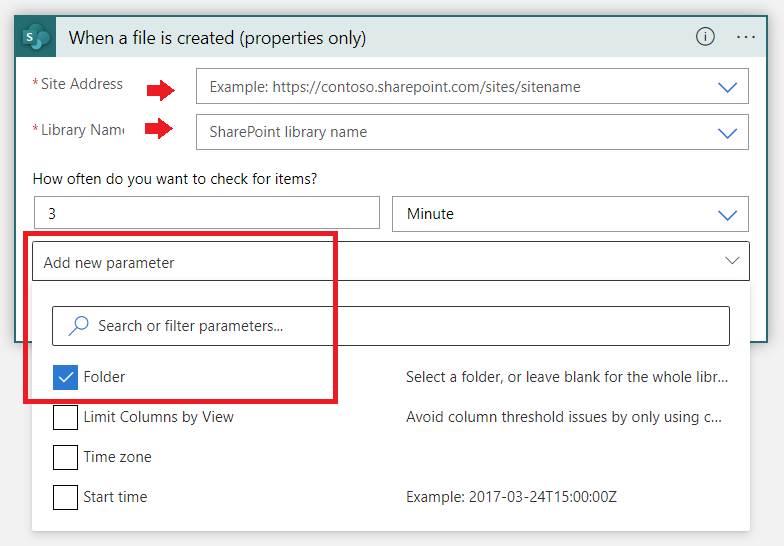 Screenshot des Fensters „Wenn eine Datei erstellt wird“ mit hinzugefügtem Parameter