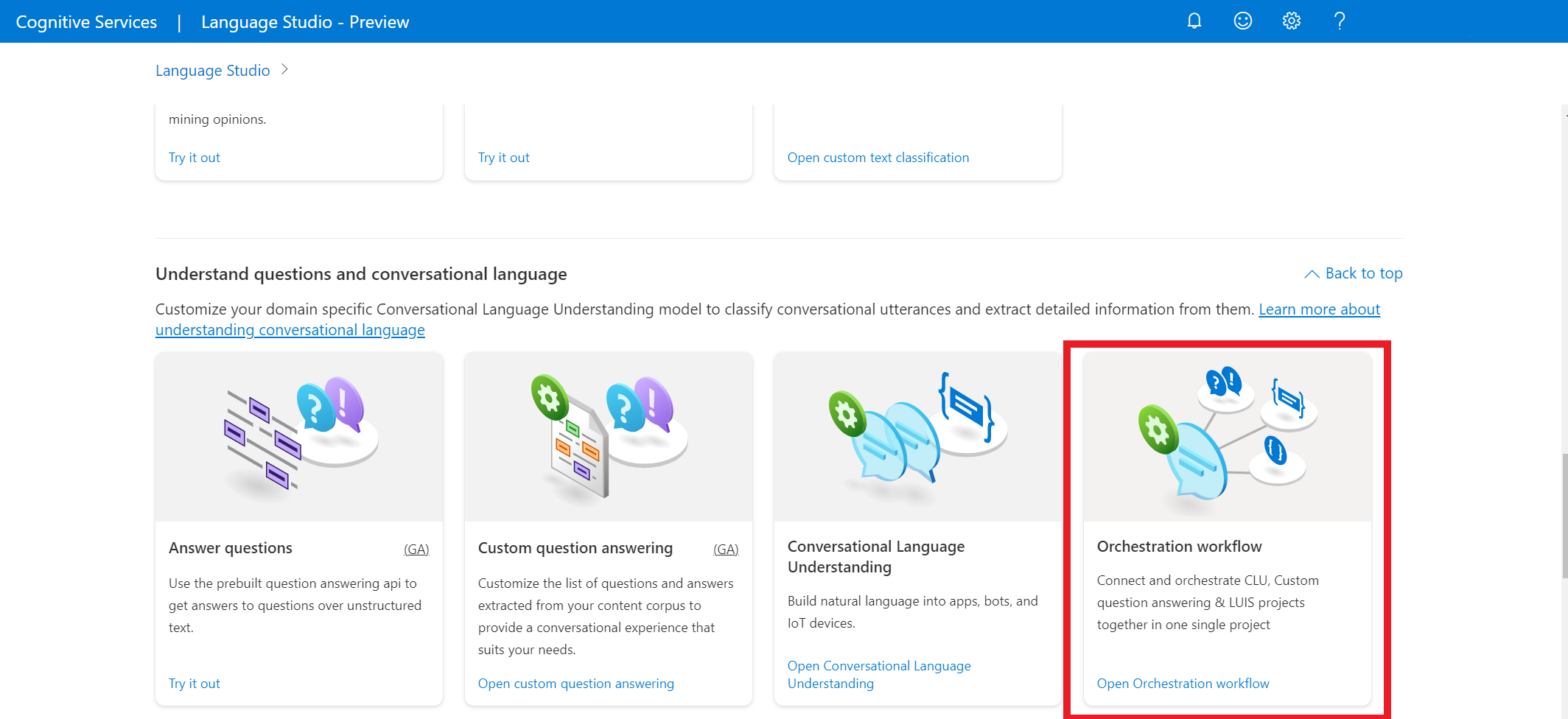 Screenshot: Position des Abschnitts mit dem Orchestrierungsworkflow auf der Landing Page von Language Studio