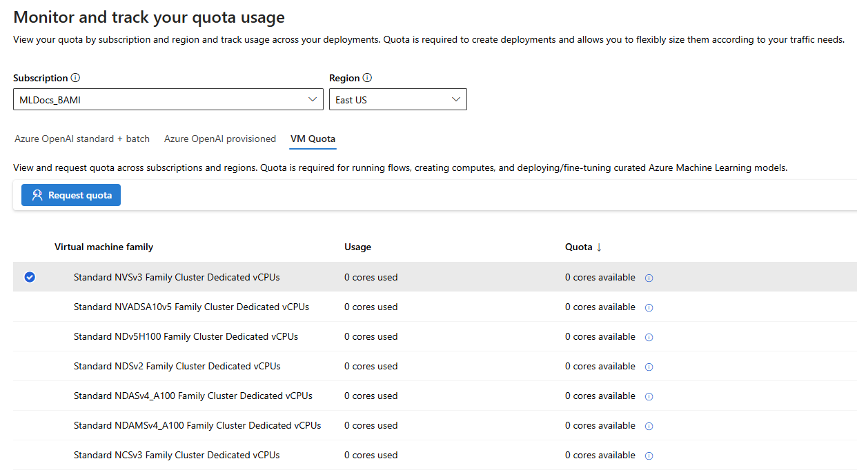 Screenshot: Seite „VM-Kontingent“ im Azure KI Foundry-Portal.