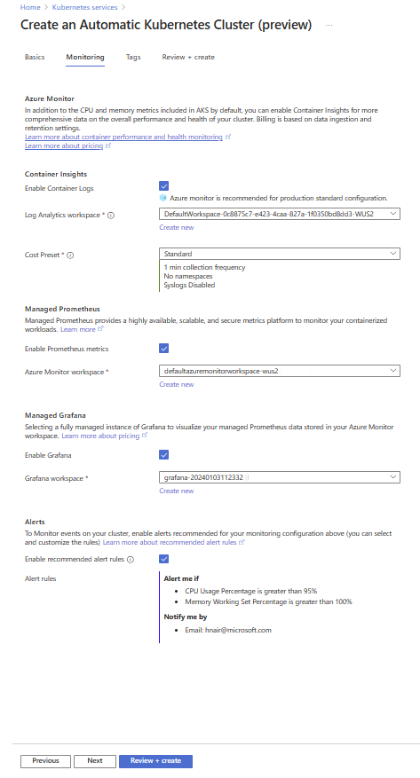 Screenshot: Registerkarte „Überwachung“ beim Erstellen eines AKS Automatic-Clusters im Azure-Portal