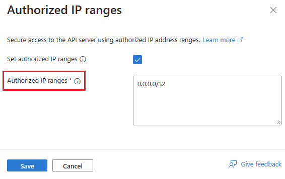 Dieser Screenshot zeigt die Seite der Azure-Portalseite für autorisierte IP-Bereiche der Clusterressource.