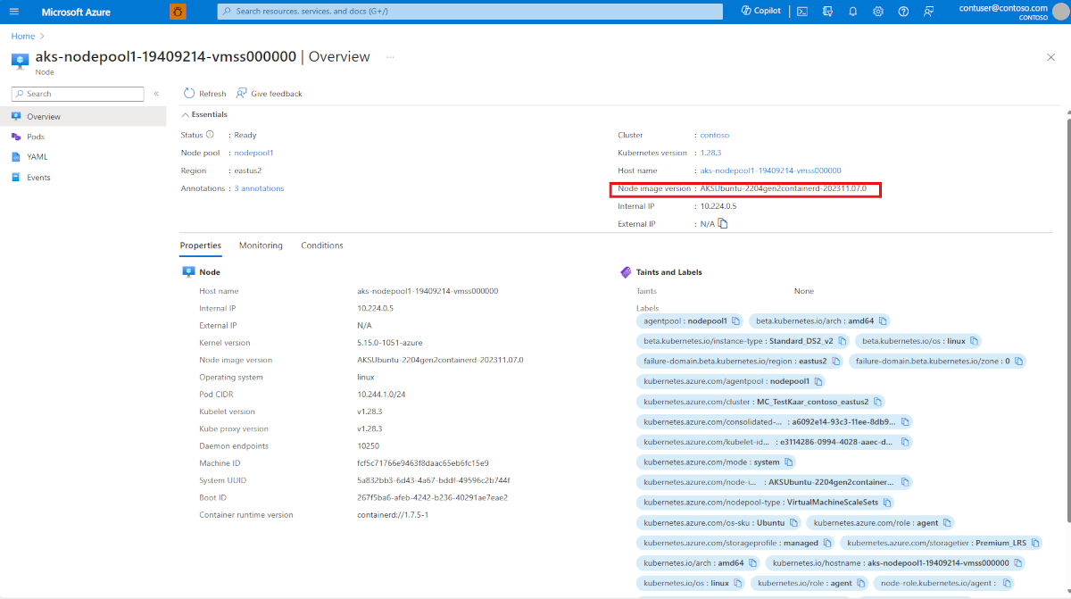 Screenshot der Knotenseite für ein AKS-Cluster im Azure-Portal. Die Bezeichnung für die Knotenimageversion zeigt eindeutig das Basisknotenimage und das neueste angewendete Sicherheitspatchdatum an.