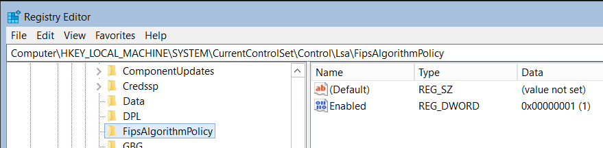 Screenshot: Bild des Registrierungs-Editors für die FIPS-Algorithmusrichtlinie und wie diese aktiviert wird