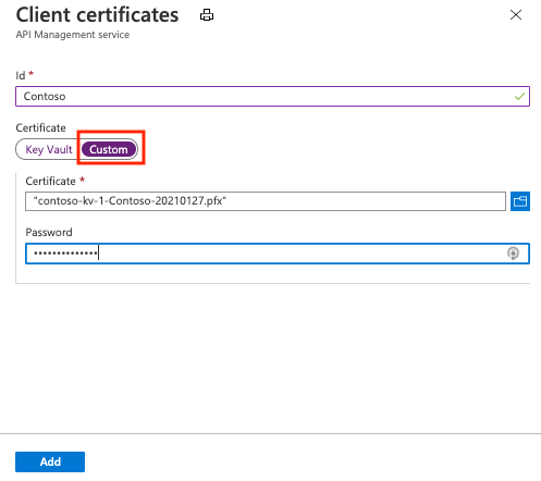 Screenshot: Hochladen eines Clientzertifikats in API Management im Portal